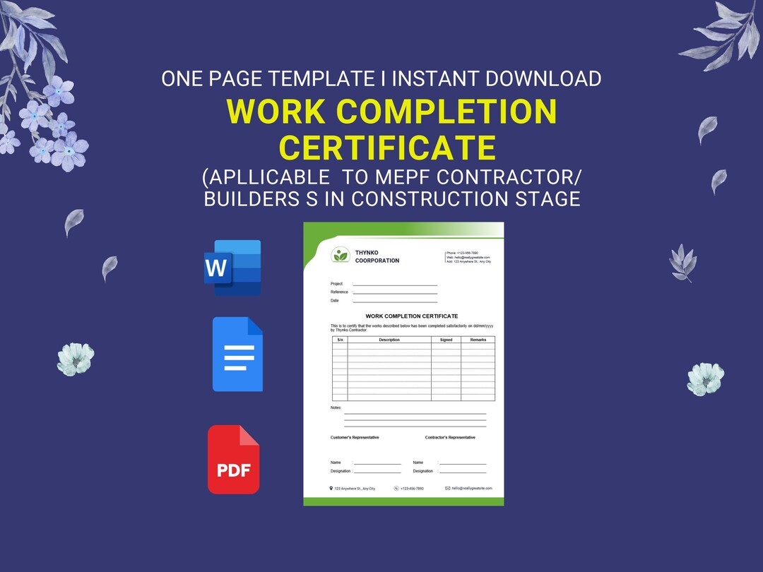 Work Completion Form| Contractor Handover Document | Editable Word ...