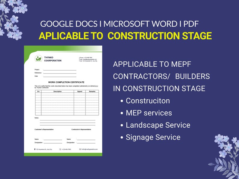 Work Completion Form| Contractor Handover Document | Editable Word ...