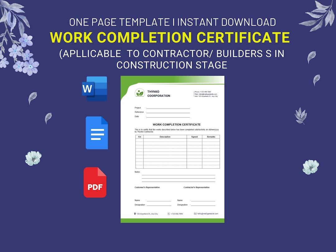 Work Completion Certificate Template | Editable MS Word & Google Docs ...