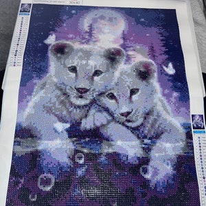 Completed Diamond Painting Art canvas. Snow leopard Cubs, moonlight reflection, butterflies