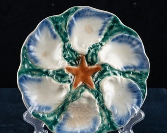 Plato de ostras francés antiguo de mayólica con forma de estrella de mar verde y azul, de la zona de Dijoin N2
