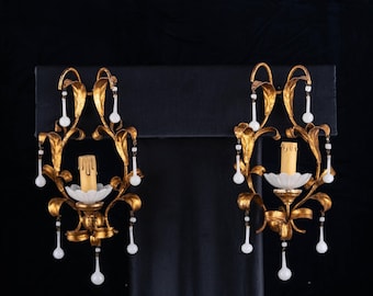 Pair Vintage French Sconces Opaline Glass White Drops Wall Lights BAGUES style