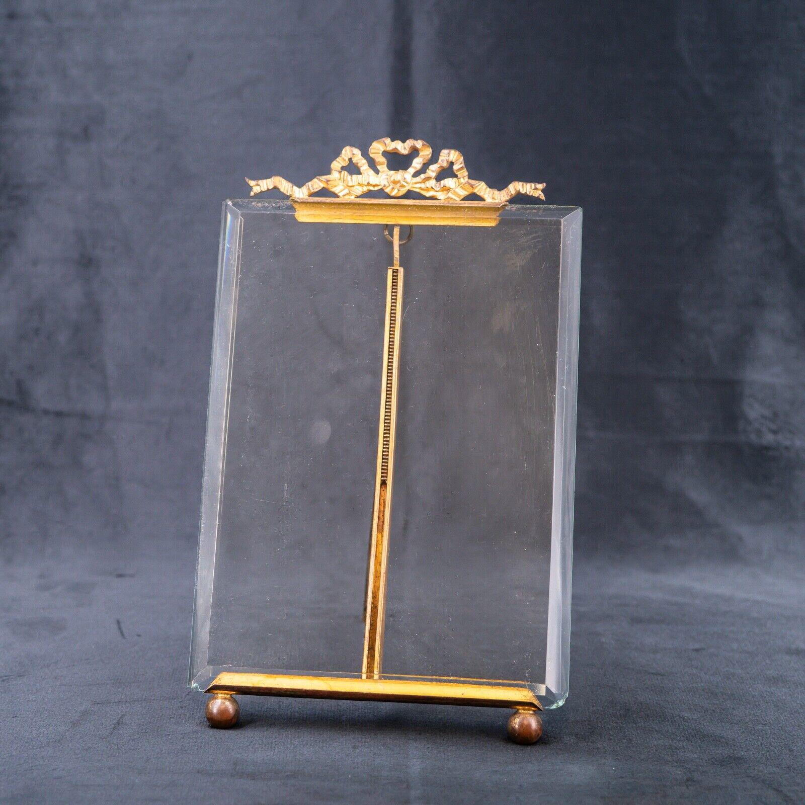 Antique French Photo Frame Beveled Glass Bronze Bow Ribbon Picture