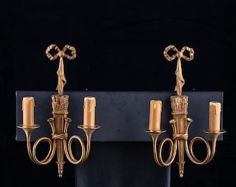 Antique French Gilt Bronze Wall Sconces Pair Louis XVI Ribbon Motif Two-Light