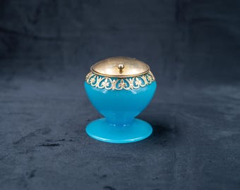 Cesta de cristal opalino azul antiguo, bronce ormolú, Grand Tour