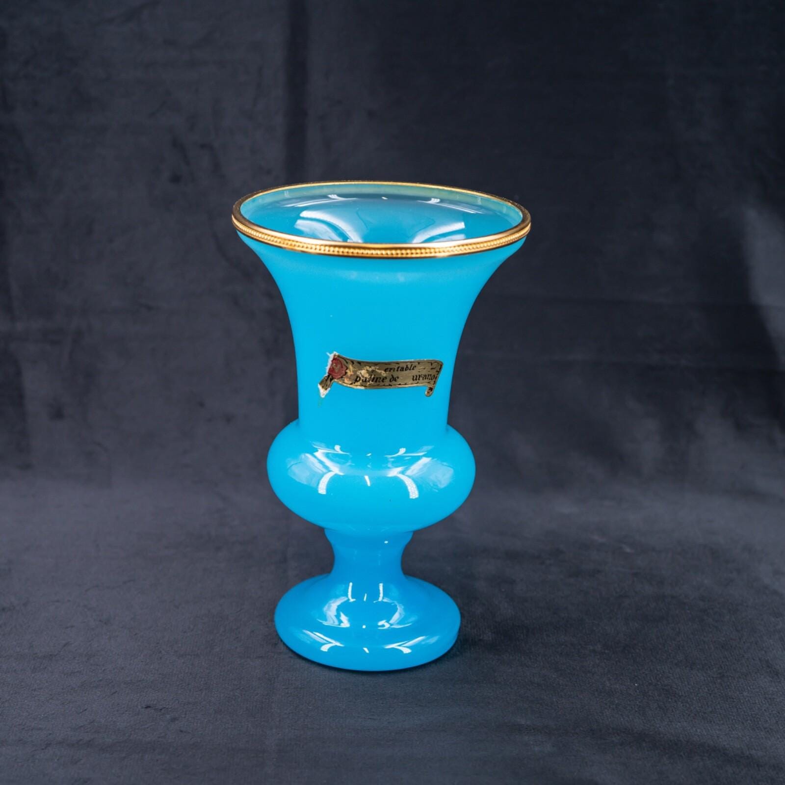 Vase Opaline Bleue Décorations Laiton - Style Baroque - Made In Italy