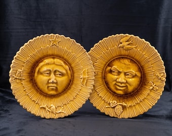 French Antique Majolica Plates SUN & MOON set pair by George Dreyfus faiencery