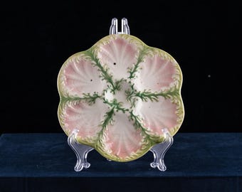 Antique French Majolica Oyster Plate StClément Keller & Guérin 1890 Pink Seaweed