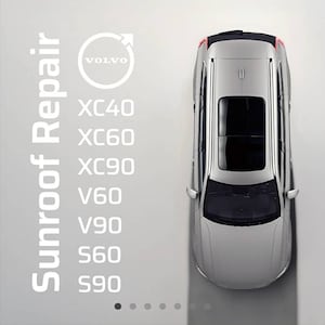 Può includere: Vista dall'alto di un'auto Volvo argentata con tetto apribile. L'immagine include il testo "Sunroof Repair" ed elenca i modelli di auto: XC40, XC60, XC90, V60, V90, S60 e S90. È visibile anche il logo Volvo.