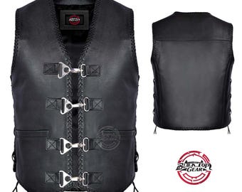 May include: Black leather vest with silver buckles and braided edging. It has a V-neck, front pockets, and adjustable side laces. The back is plain black leather. The Black Top Gear logo is visible.