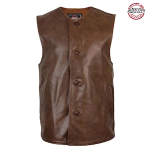 May include: A brown leather vest featuring a round neckline and a front placket with four matching brown buttons. The interior lining is a tan color. A circular logo in the top right corner displays the text Black Top Gear.