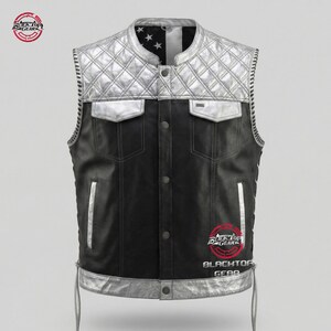 May include: Black leather vest with silver quilted shoulders and accents. Features two chest pockets and a button-up front. The vest has a black and white American flag design on the back and the Black Top Gear logo.