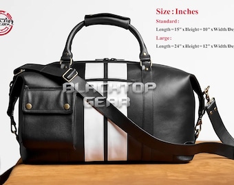 Handmade Black Leather Duffel Bag with White Stripe - Weekender Travel Bag
