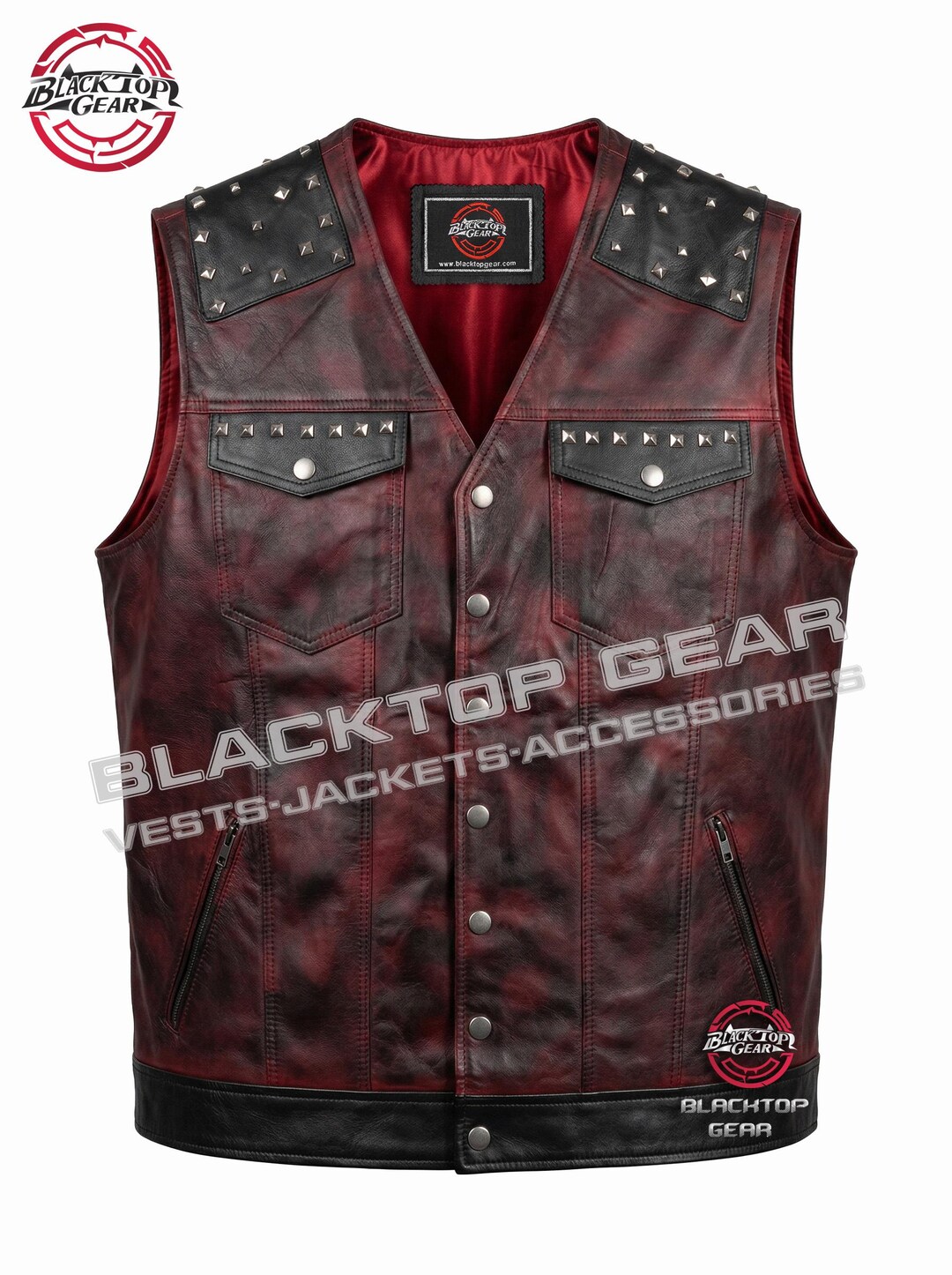 Men’s Distressed Red Leather Motorcycle Vest – Studded – Gothic Punk ...