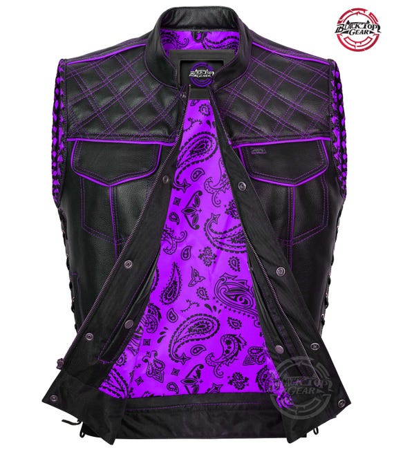 Genuine Leather Biker Vest: Handmade Side Lacing Motorcycle Club Style Purple Lining