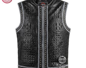 Colete masculino de couro preto estilo motociclista | Colete trançado com tachas para clube de motociclistas