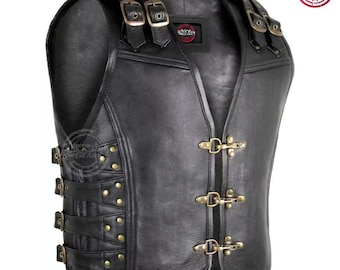 Men's Leather Waistcoat Motorcycle Chopper Touring Biker Club Rocker Buckle Vest Men's Handmade