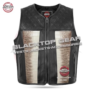 Men's Crocodile Embossed Leather Biker Vest – Diamond Quilted, Patch Ready Back