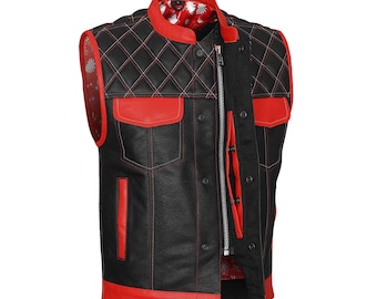 Black Leather Motorcycle Vest, Diamond Quilted Rider Waistcoat
