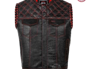 Handmade Black Cowhide Croc Embossed Leather Biker Vest: Red Diamond Stitching