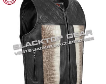 Colete masculino de couro bovino com textura de crocodilo desgastada, acolchoado em losangos, estilo motociclista, na cor preta (BLACKTOP).