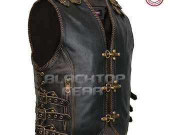 Men’s Genuine Cow Leather Heavy Zipper Rocker Biker Waistcoat Motorcycle Vintage Vest Men's Handmade