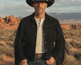 Men's Black Suede Fringe Western Jacket: Handmade Cowboy Style
