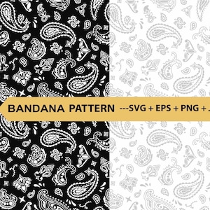 以下が含まれることがあります： ペイズリー柄のデジタルバンダナパターン。画像には2つのバージョンが表示されています。1つは黒い背景に白いペイズリー模様、もう1つは白い背景に灰色のペイズリー模様です。テキストは「BANDANA PATTERN -- SVG + EPS + PNG + JPG」と表示されています。