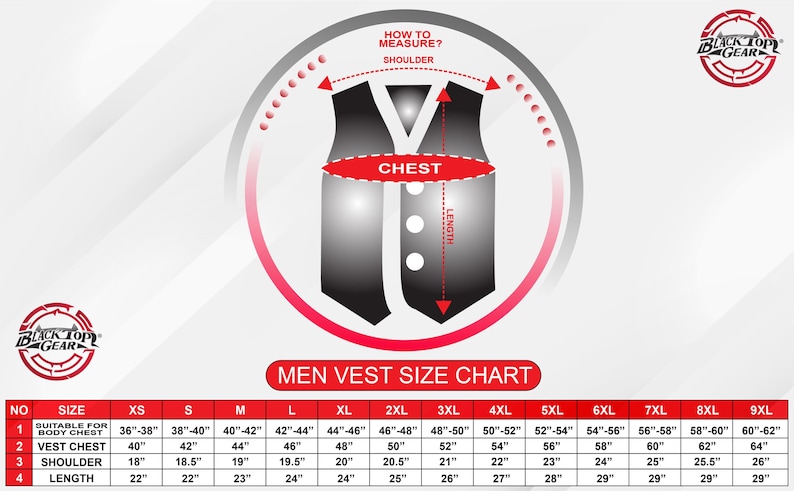 May include: Men's vest size chart with measurements for chest, shoulder, and length. The chart includes sizes XS to 9XL, with measurements in inches. The image features a vest diagram with measurement labels and the Black Top Gear logo.