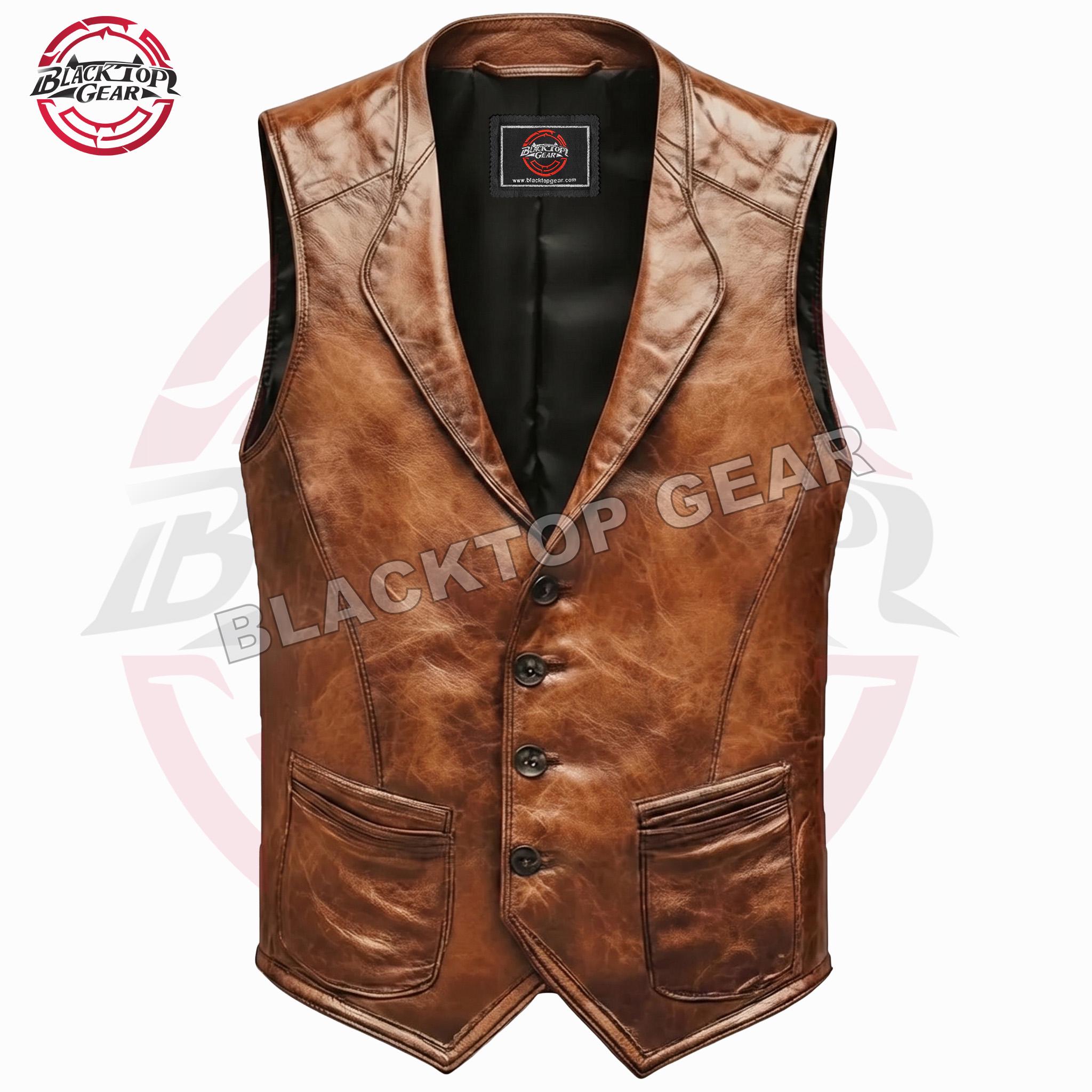 Men's Distressed Brown Lambskin Leather Biker Vest - Vintage Style