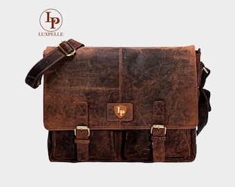 Borsa a tracolla personalizzata in pelle di bufalo anticata per donna, borsa a tracolla per uomo, borsa a tracolla vintage marrone per laptop