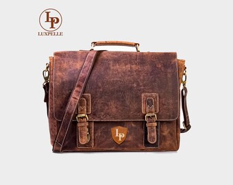 Borsa a tracolla personalizzata in pelle di bufalo anticata per donna, borsa a tracolla per uomo, borsa a tracolla vintage marrone per laptop