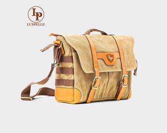 Borsa a tracolla in tela cerata personalizzata per laptop, borsa a tracolla in pelle per uomo, colore deserto, borsa a tracolla e borsa a tracolla artigianale