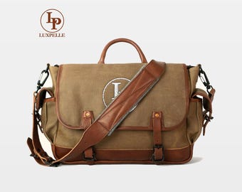 Borsa a tracolla in tela cerata personalizzata per laptop, borsa a tracolla in pelle per uomo, colore deserto, borsa a tracolla e borsa a tracolla artigianale