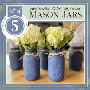 Set of 5 | Bulk | Hand-Painted Mason Jars | Distressed Chalk Paint Finish | 16 oz & 32 oz | Multiple Colors | Rustic Party Decor and Gifts