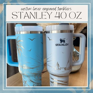 STANLEY 40 oz Tumbler | Custom Seamless Laser Engraved Wrap | Beach Sunset Design | Palm Tree | Stainless Steel | Vacation-Ready Gift