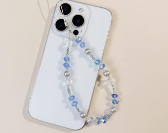 Crystal Phone Charm: Blue Beaded Phone Strap with Grey Pearls