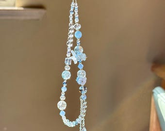 Blue Crystal Phone Charm: Beaded Phone Strap with Resin Flowers