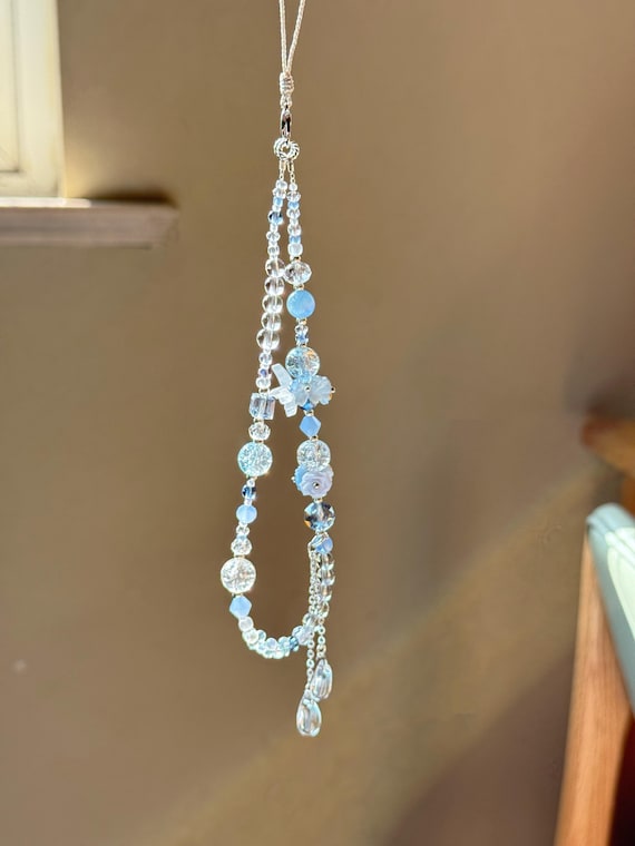 Blue Crystal Phone Charm: Beaded Phone Strap with Resin Flowers