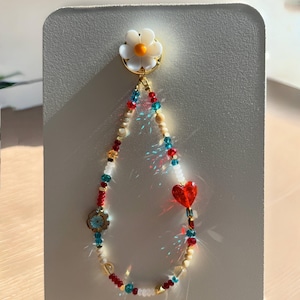 Beaded Phone Charm: Crystal Flower, Heart Wrist Strap