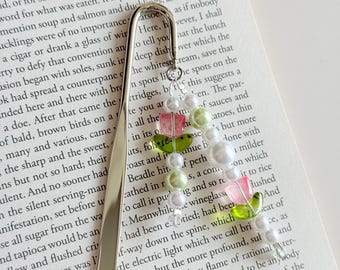 Tulip Pearl Tassel Metal Bookmark: Custom, Spring Floral Silver Book Marker with Beaded Charm