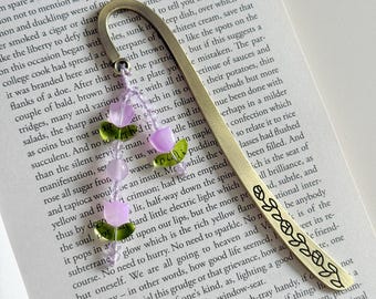 Purple Tulip Vine Metal Bookmark, Vintage Bronze Floral Book Marker with Beaded Tassel