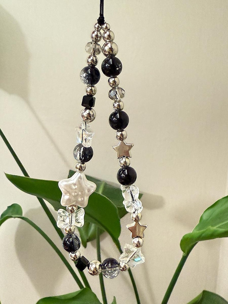 Black Star Phone Charm: Personalized Natural Shell Letters, Beaded Wrist Strap image 7