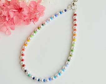 Colorful Beaded Phone Charm Strap: Faux Pearl Wristlet