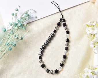 Personalized Crystal Beaded Phone Charm: Black & Grey Phone Strap