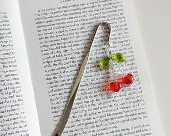 Cherry Heart Beaded Metal Bookmark: Silver Book Marker with Acrylic Charm