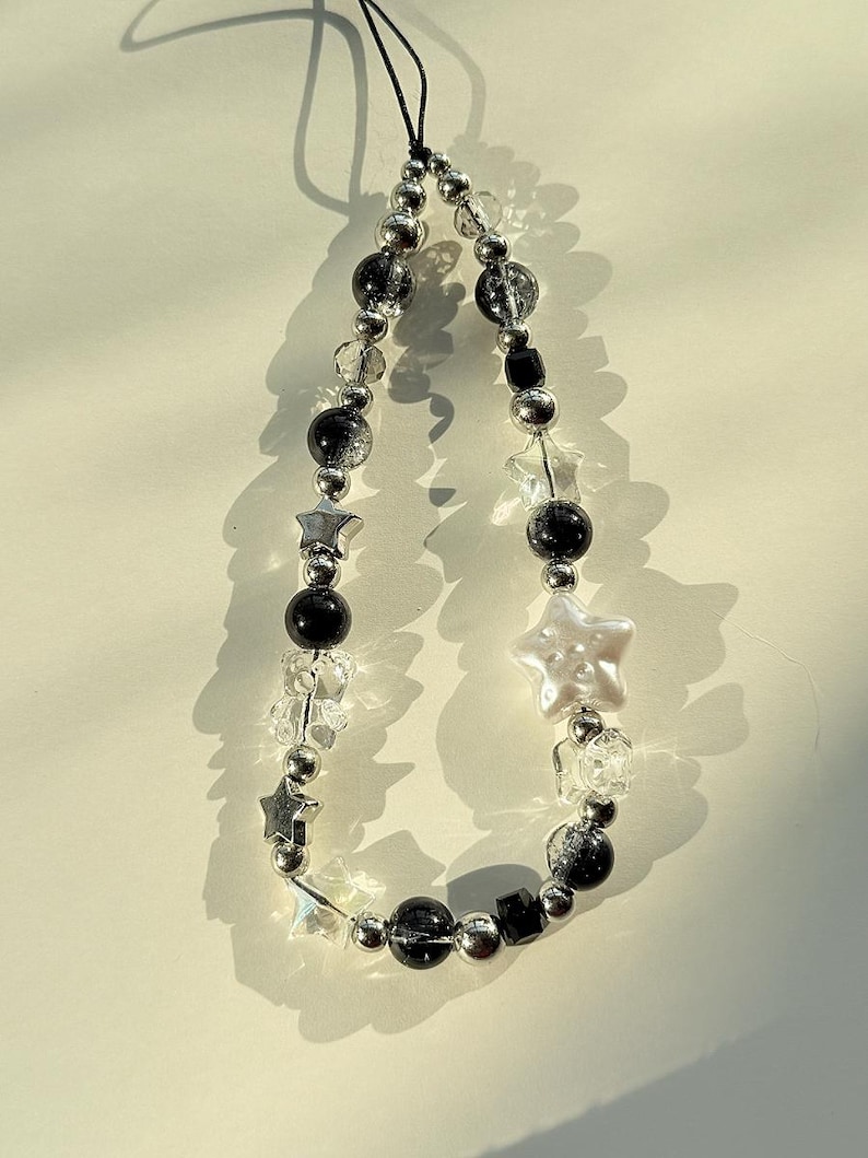 Black Star Phone Charm: Personalized Natural Shell Letters, Beaded Wrist Strap image 6