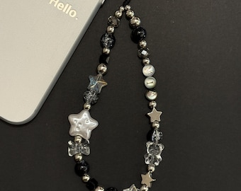 Black Star Phone Charm: Personalized Natural Shell Letters, Beaded Wrist Strap