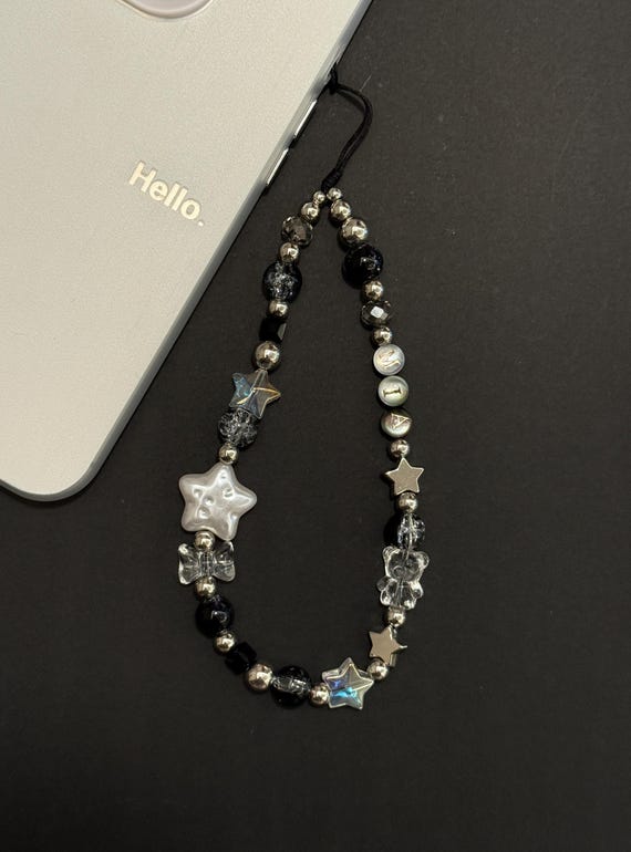 Black Star Phone Charm: Personalized Natural Shell Letters, Beaded Wrist Strap