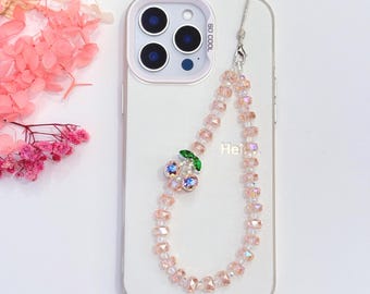 Cherry  Phone Charm: Pink Crystal Beaded Y2K Phone Strap